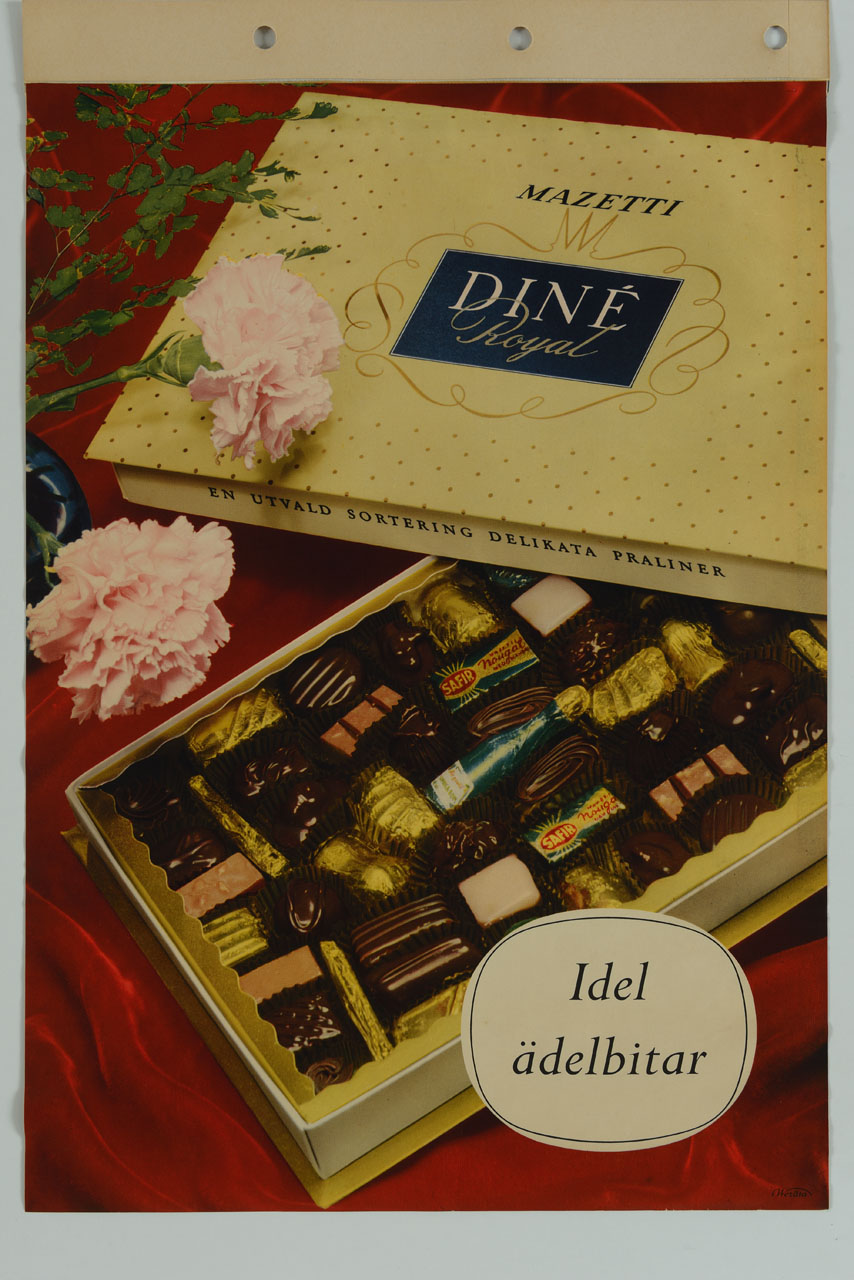 scatola di cioccolatini con coperchio aperto, due garofani rosa e verde ornamentale (manifesto) - ambito svedese (sec. XX)
