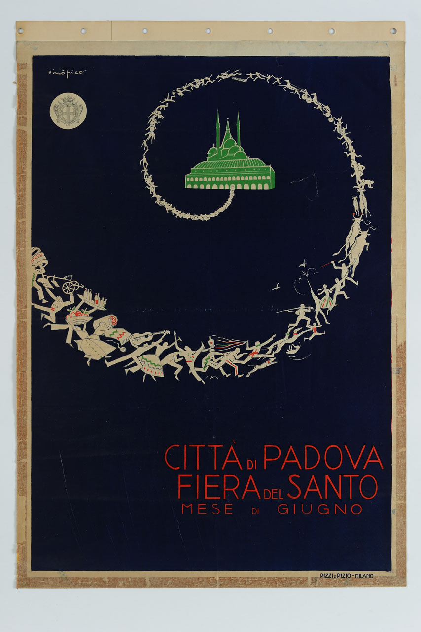 dalla Basilica del Santo di Padova parte una spirale di figure e animali che creano un fregio ornamentale (manifesto) di Chareun Raoul detto Primo Sinopico (sec. XX)