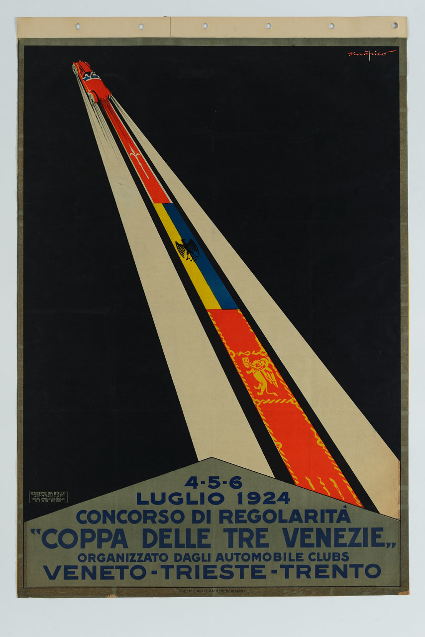 automobile in velocità verso l'alto lascia una scia di bandiere (manifesto) di Chareun Raoul detto Primo Sinopico (sec. XX)