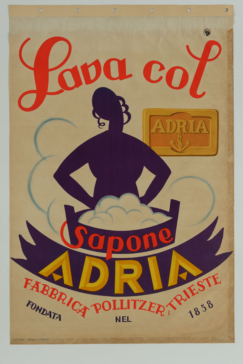 sagoma di donna fa il bucato dentro una bacinella piena di schiuma (manifesto) - ambito italiano (sec. XX)