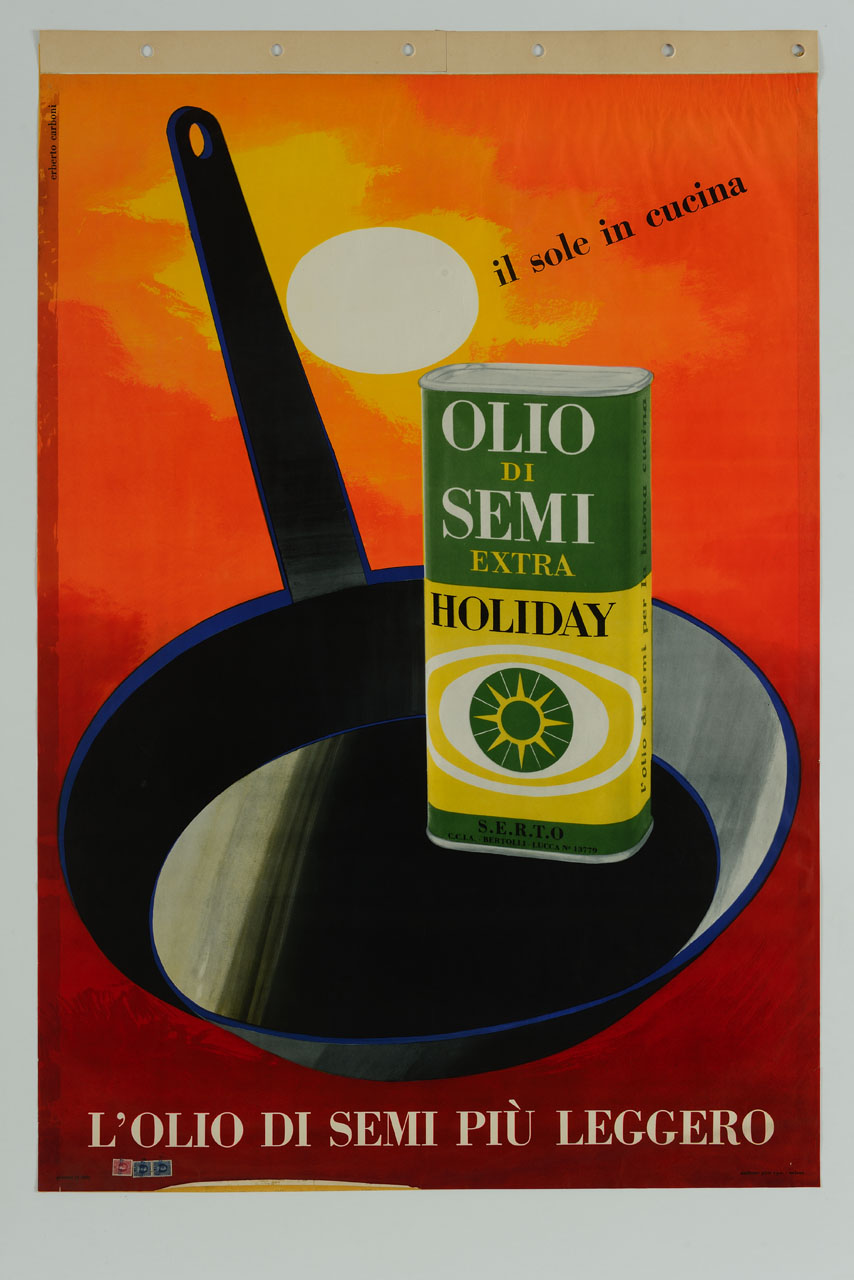 una padella dentro la quale è una latta d'olio colpita da un raggio di sole (manifesto) di Carboni Erberto detto Lince (sec. XX)