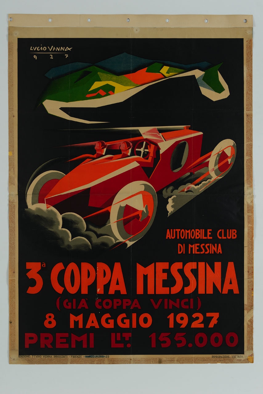 automobile a forte velocità sullo sfondo colline colorate (manifesto) di Venna Lucio (sec. XX)