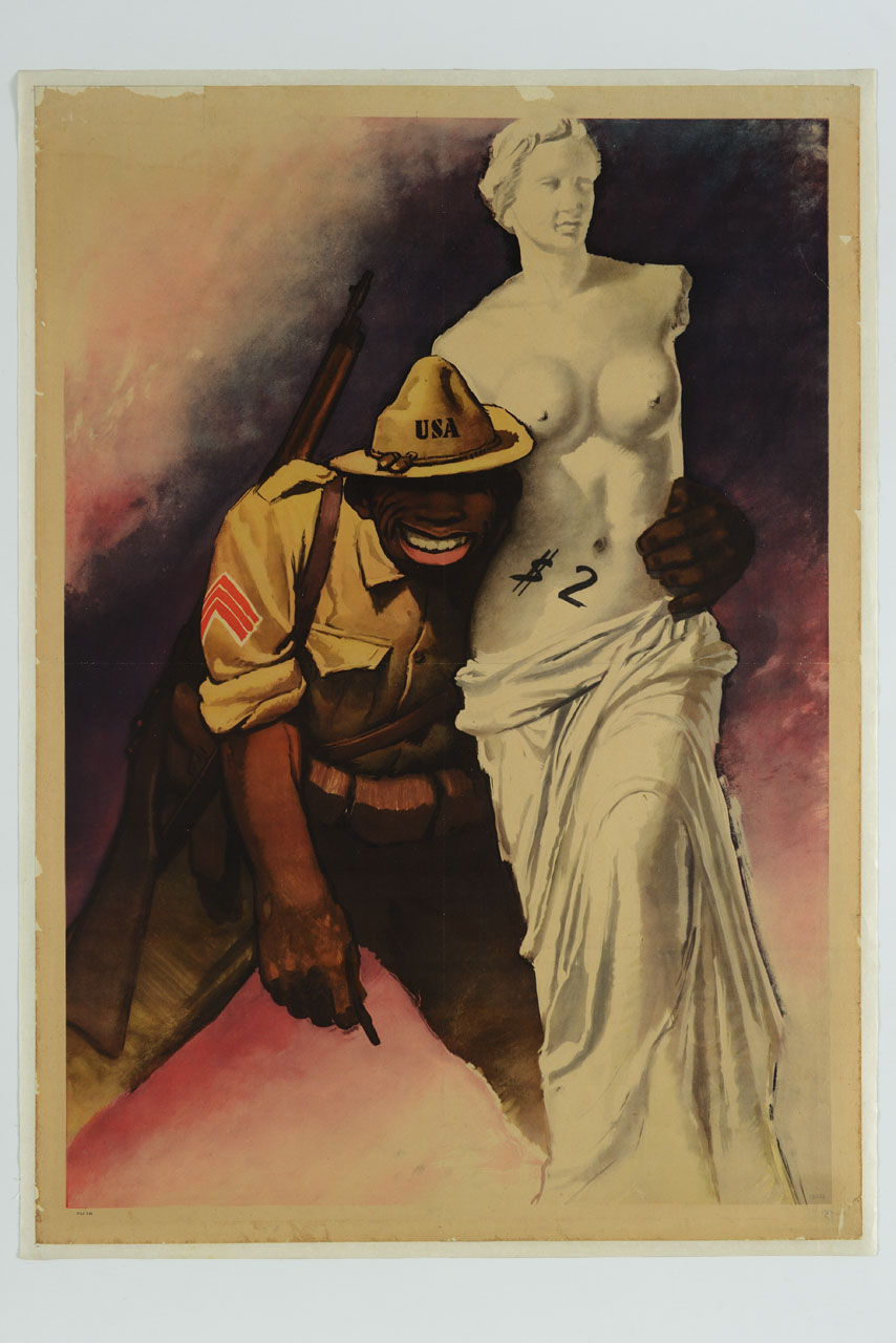 soldato americano abbraccia la Venere di Milo (manifesto) di Boccasile Gino (sec. XX)