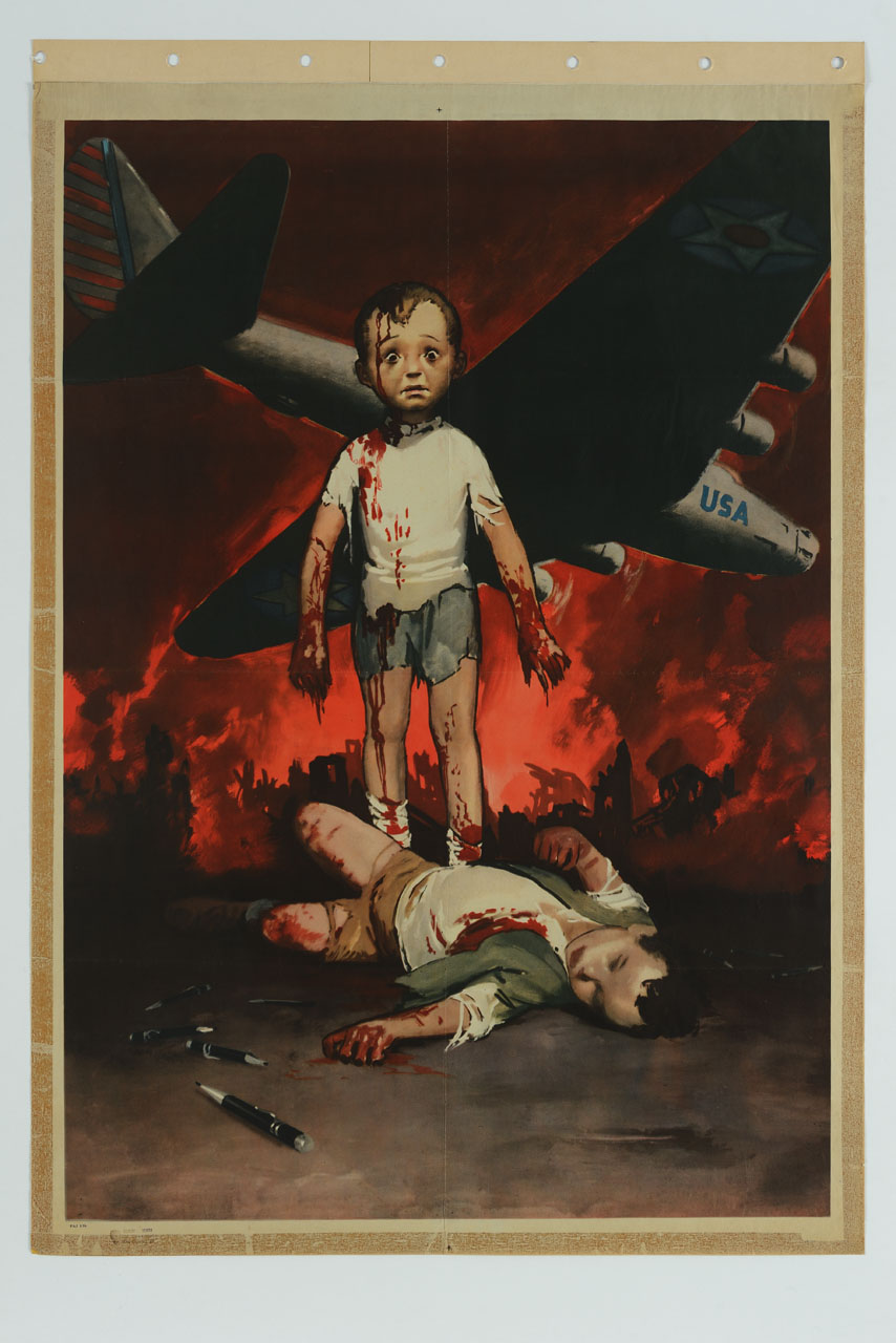 due bambini con mani e braccia insanguinati, uno a terra e l'altro in piedi; sopra di loro passa un bombardiere con i colori dell'aviazione militare americana (manifesto) - ambito italiano (sec. XX)