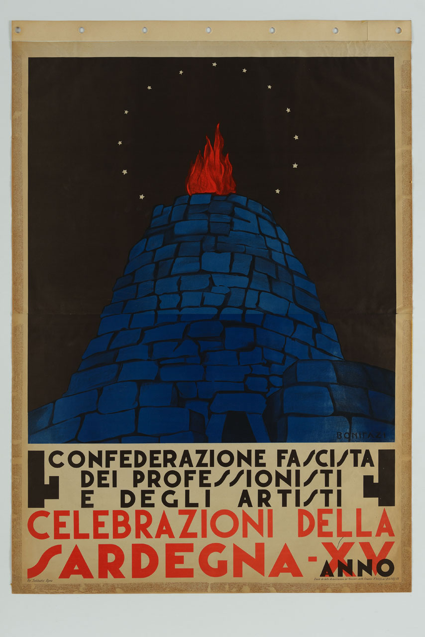 nurago da cui escono fiamme e attorno una corona di stelle (manifesto) di Bonifazi Virginio (sec. XX)