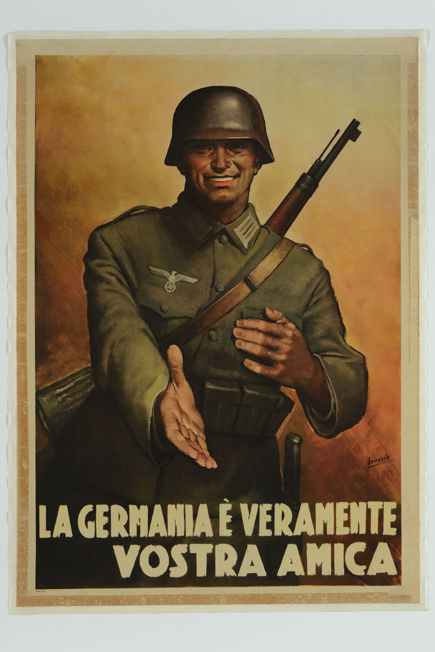 soldato tedesco si avvicina con una mano tesa e una sul cuore (manifesto) di Boccasile Gino (sec. XX)