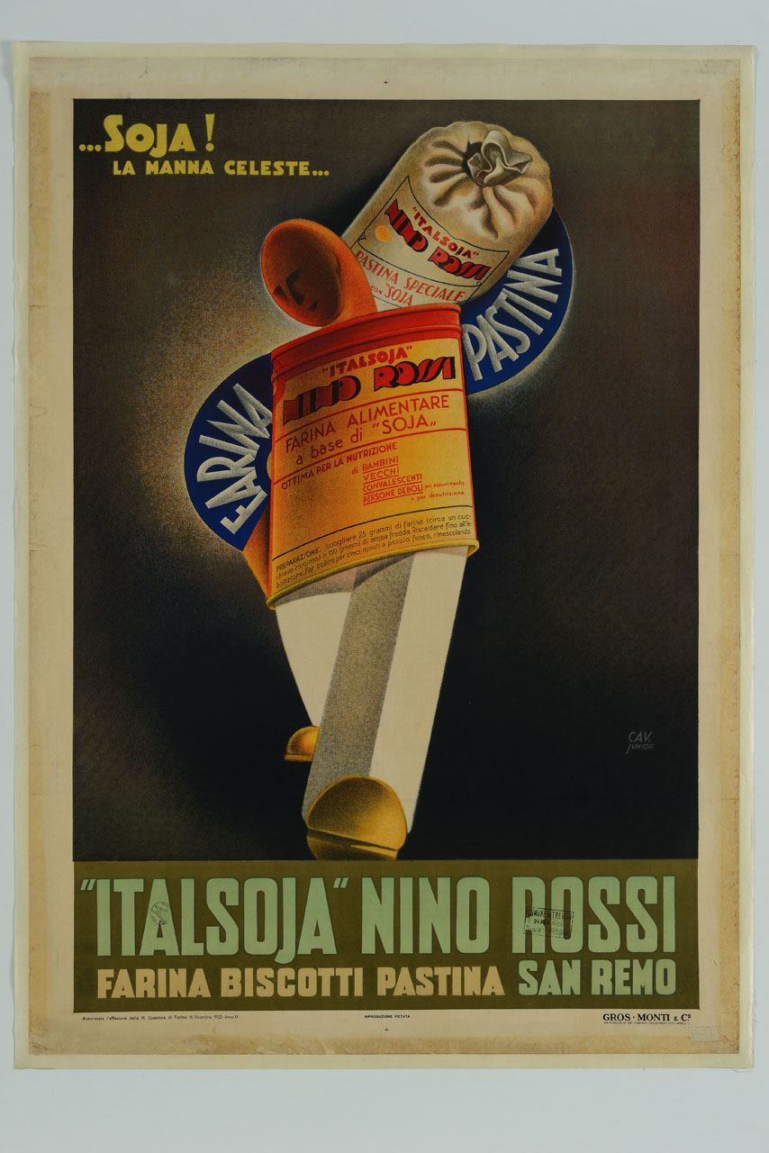 barattolo di latta antropomorfo che porta un sacchetto (manifesto) di Cavadini Alfredo (sec. XX)