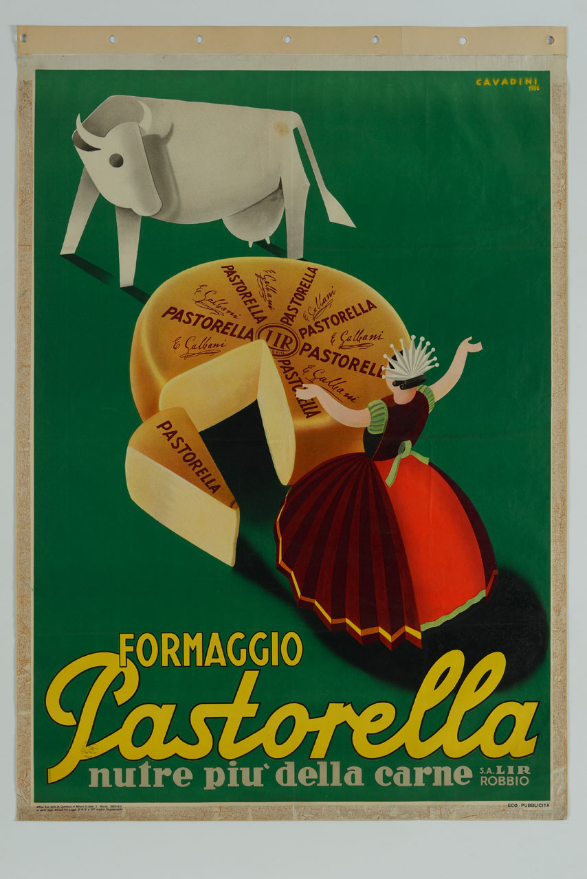 mucca e pastorella in abito tradizionale guardano la forma di formaggio a cui è stata tagliata una fetta (manifesto) di Cavadini Alfredo (sec. XX)