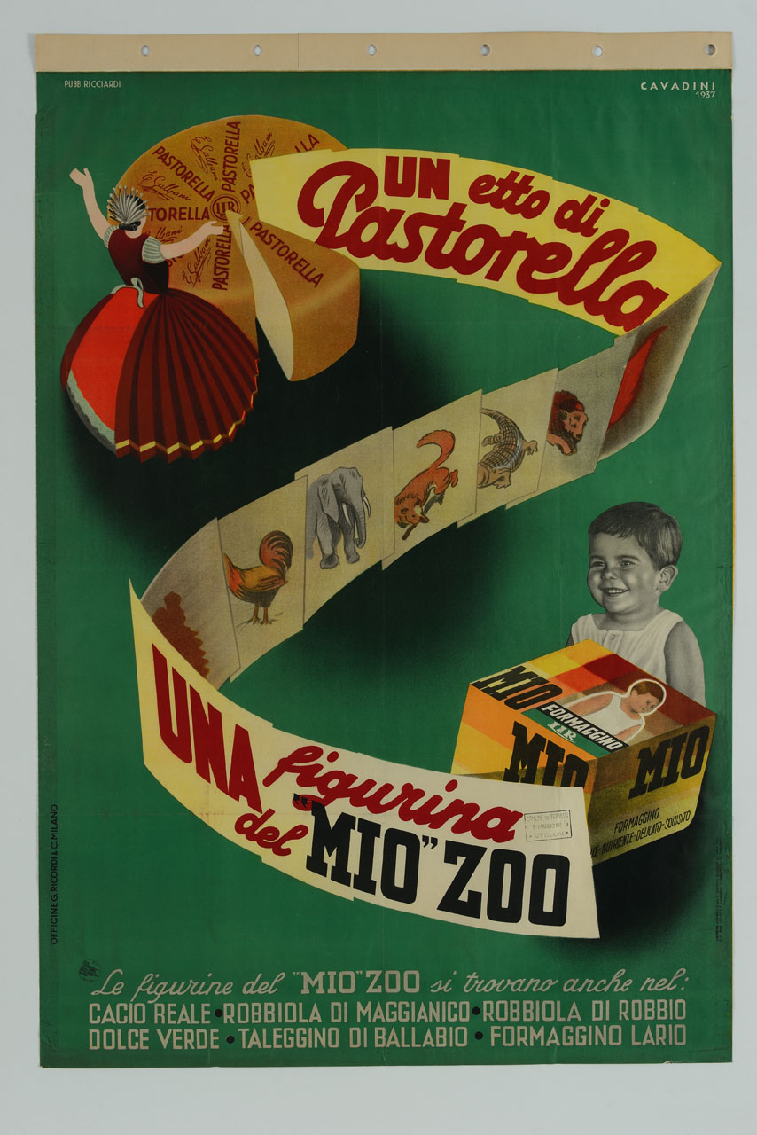 da una contadina lombarda e da una forma di formaggio parte una fila di figurine di animali che arriva fino a un bambino con un cubo giocattolo (manifesto) di Cavadini Alfredo (sec. XX)