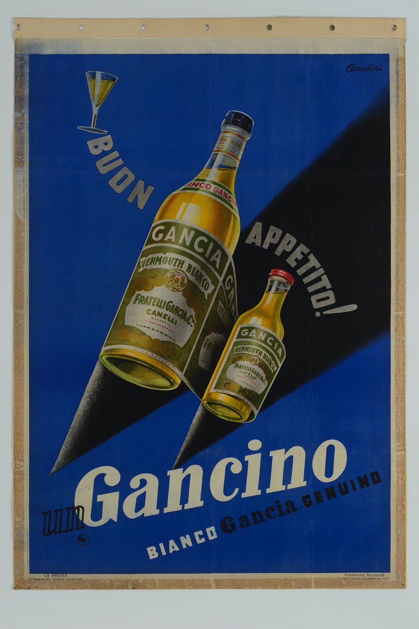 due bottiglie e un bicchiere a calice (manifesto) di Cavadini Alfredo (sec. XX)