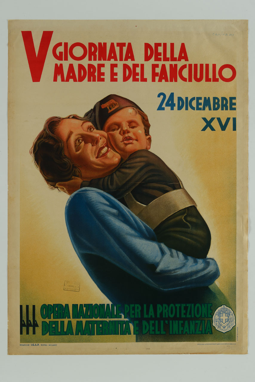 donna tiene in braccio un bambino vestito da figlio della lupa (manifesto) di Capitani Alfredo (sec. XX)