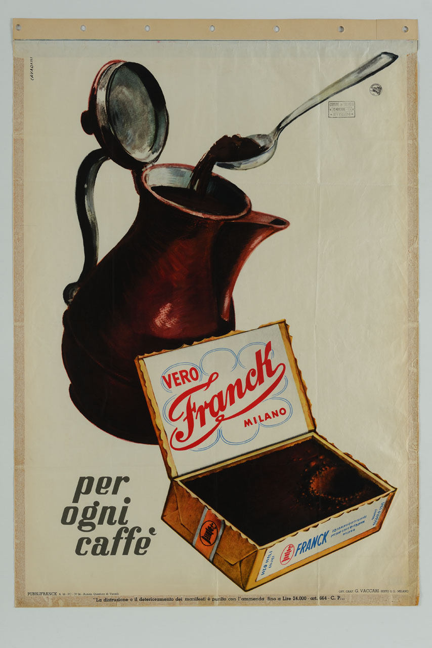 chicchera che viene riempita con polvere di caffè con una scatoletta aperta (manifesto) di Cavadini Alfredo (sec. XX)
