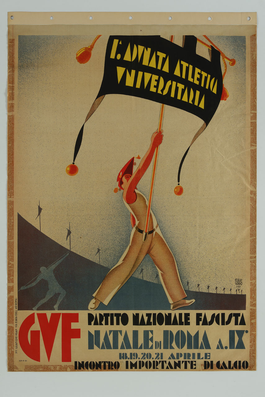 giovane ginnasta sventola uno stendardo all'interno di uno stadio (manifesto) di Gobbo Cesare (sec. XX)