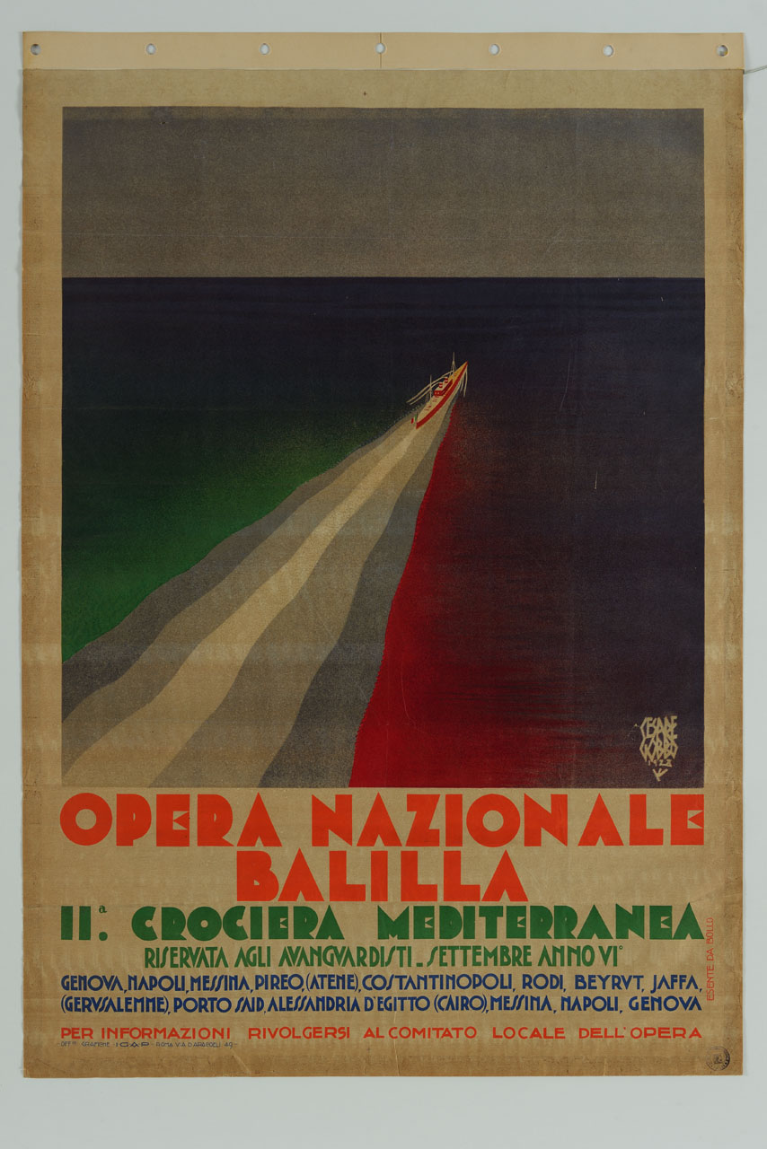 piroscafo lascia una scia tricolore nel mare calmo (manifesto) di Gobbo Cesare (sec. XX)