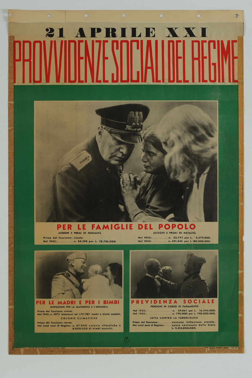 il Duce mentre ascolta un'anziana che gli parla; il Duce che saluta una madre con figlio in braccio; il Duce che conferisce con un anziano (manifesto) - ambito italiano (sec. XX)
