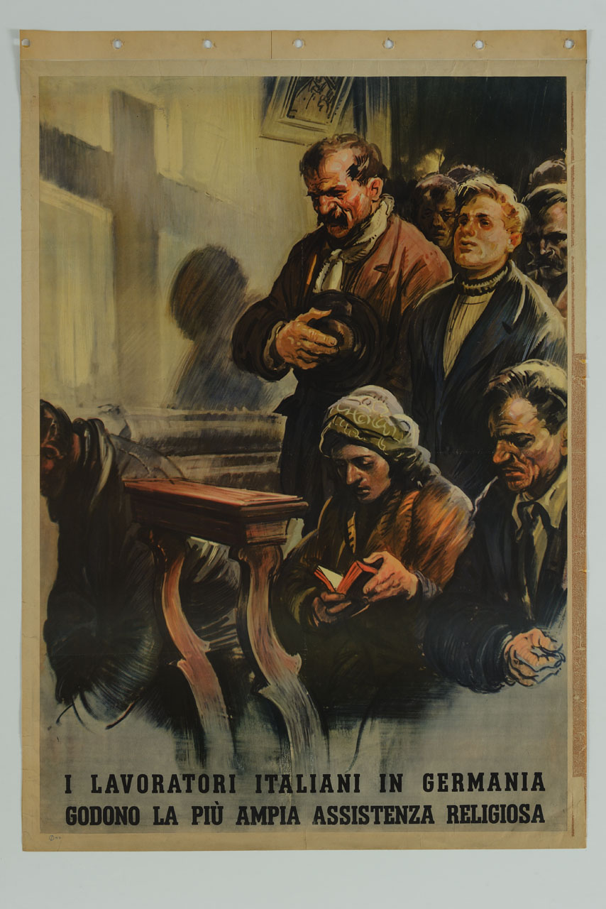 gente del popolo inginocchiata nei pressi di un inginocchiatoio mentre nel muro è riflessa una croce (manifesto) - ambito tedesco (sec. XX)