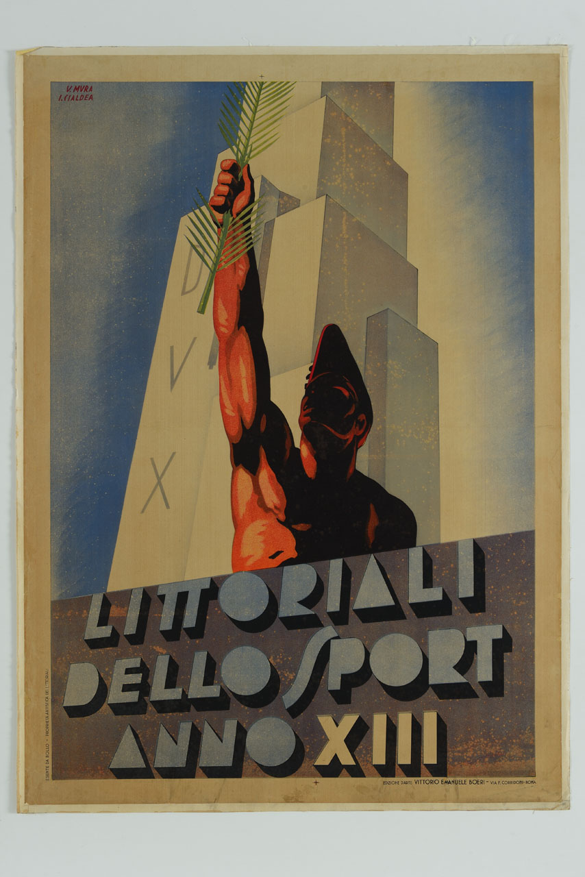 giovane con feluca goliardica mostra un ramo di palma davanti a un obelisco (manifesto) di Mura V, Cialdea I - ambito italiano (sec. XX)