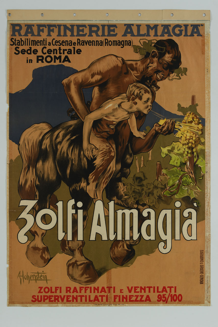 sileno centauro fa soffiare oro sui grappoli di uva a un cucciolo di satiro (manifesto) di Hohenstein Adolf (sec. XX)