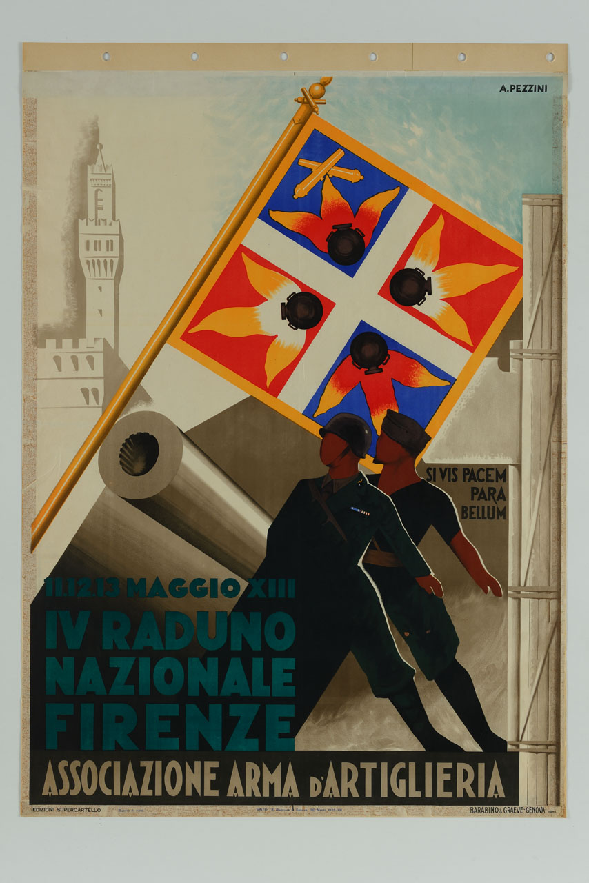 due artiglieri a fianco di un cannone con la bandiera sullo sfondo Palazzo Vecchio a Firenze (manifesto) di Pezzini Arrigo (sec. XX)