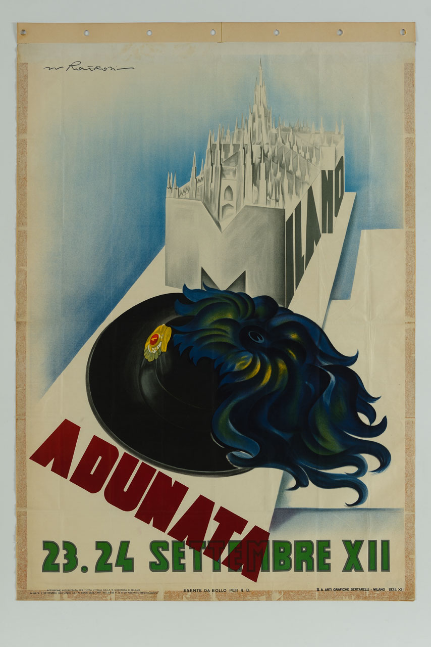 cappello da bersagliere appoggiato su un modellino della piazza e del duomo di Milano (manifesto) di Roveroni Walter (sec. XX)