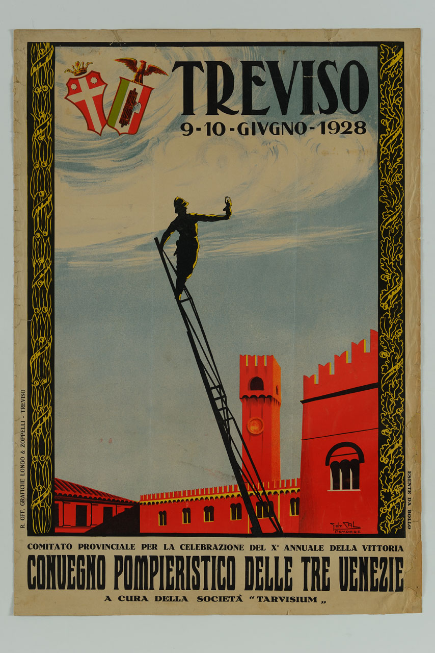 pompiere in cima a una scala mobile tiene un'immagine mariana in mano in piazza dei Signori davanti al palazzo dei Trecento di Treviso (manifesto) di de Cal G - ambito italiano (sec. XX)
