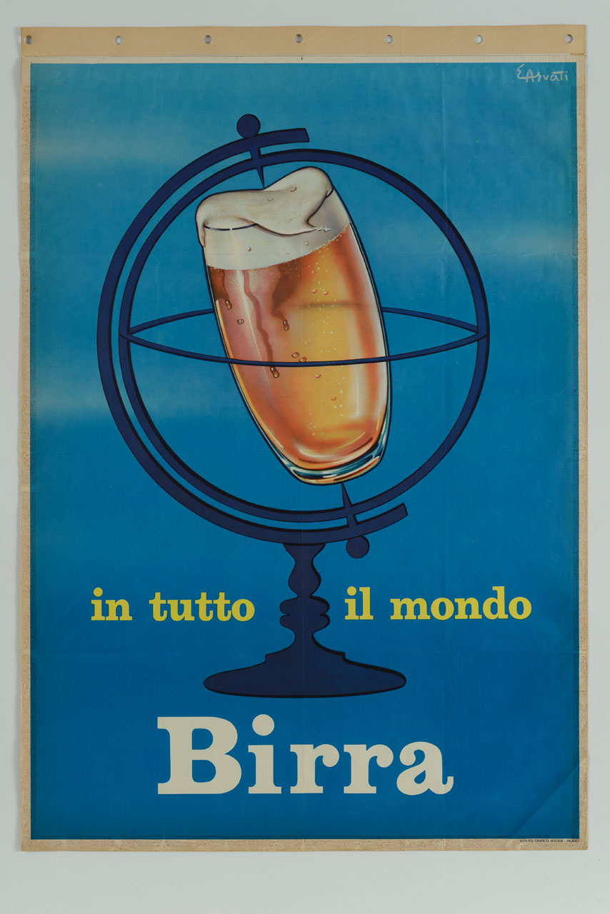 bicchiere di birra funge da asse terreste in una sfera armillare (manifesto) di Arvati Enrico (sec. XX)