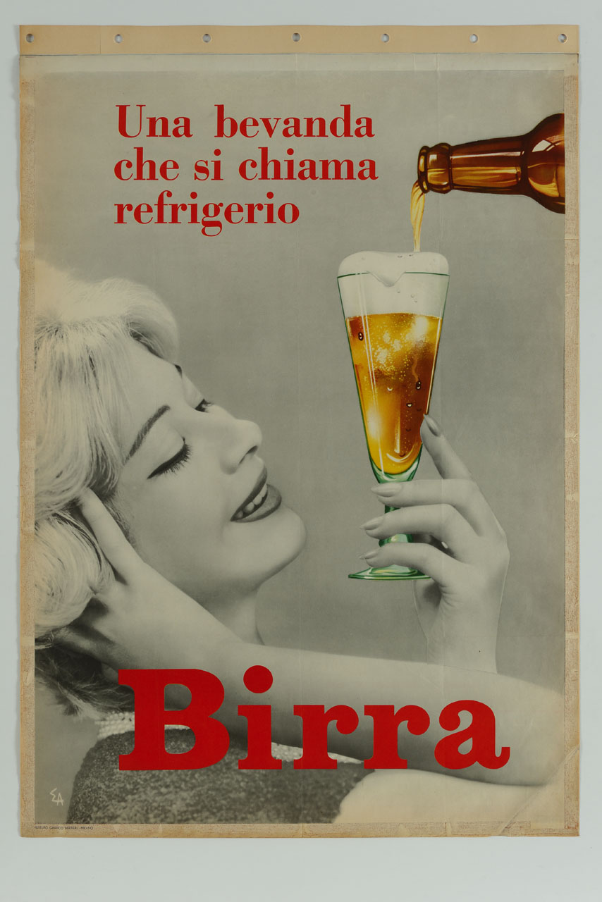 donna offre un bicchiere in cui viene versata birra (manifesto) di Arvati Enrico (sec. XX)