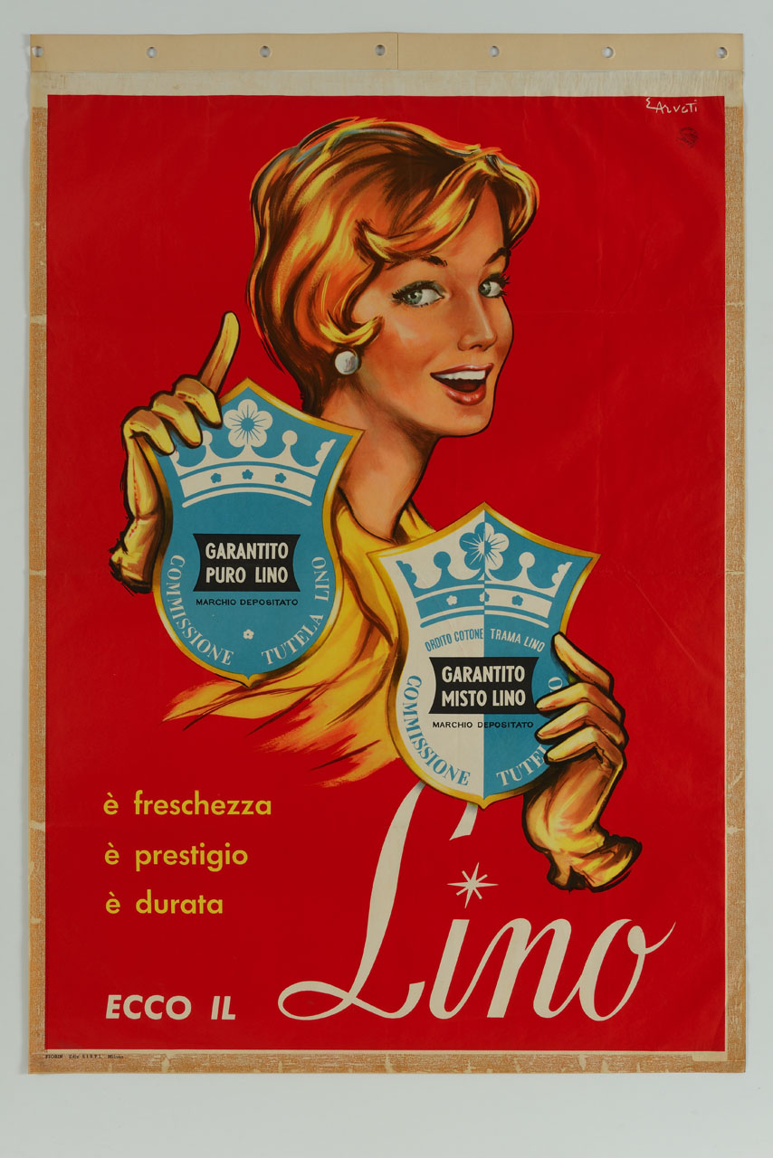 donna con guanti mostra due distintivi (manifesto) di Arvati Enrico (sec. XX)