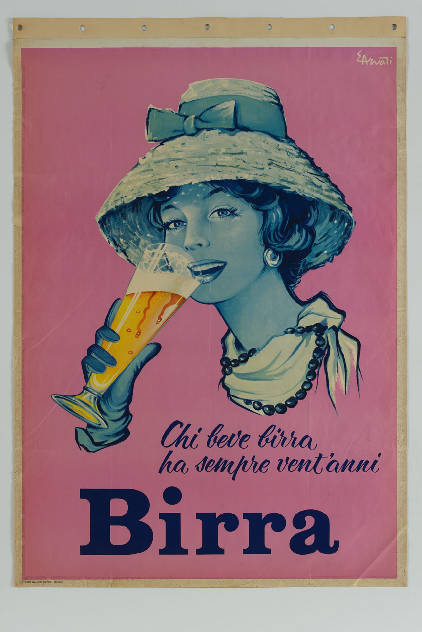 donna elegante con cappello e guanti beve un bicchiere di birra (manifesto) di Arvati Enrico (sec. XX)