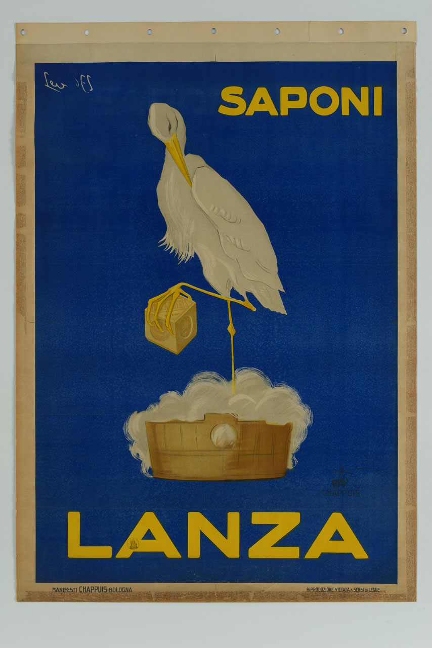 cicogna in una tinozza tiene un pezzo di sapone con una zampa (manifesto) di D'Es Laon - ambito italiano (sec. XX)