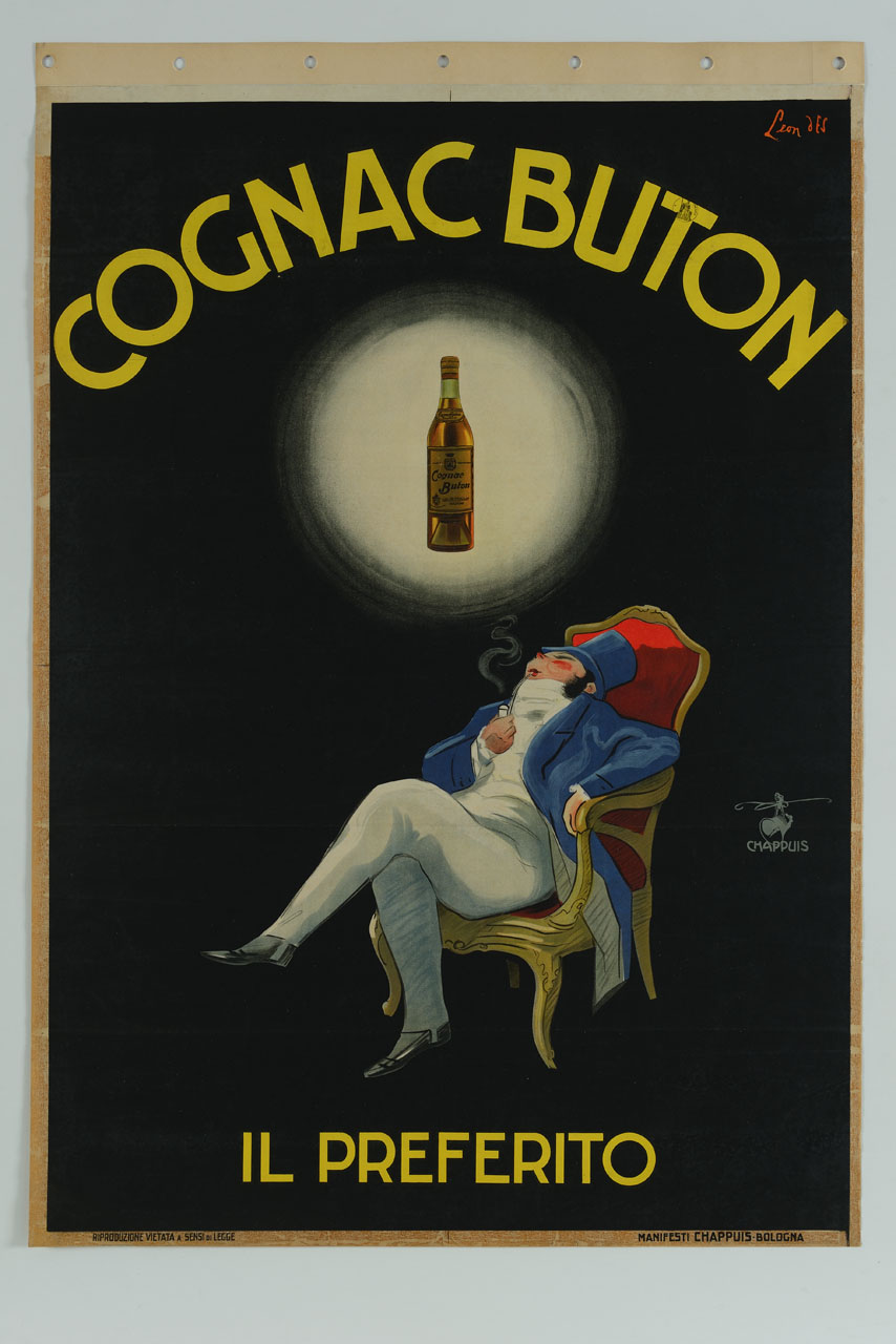 uomo riverso su una poltrona con la pipa che immagina una bottiglia (manifesto) di D'Es Laon - ambito italiano (sec. XX)