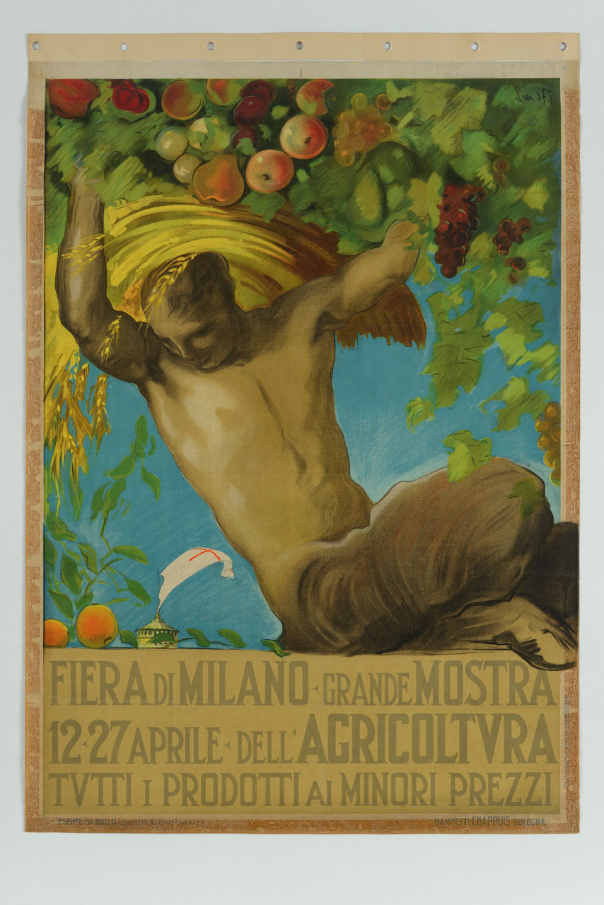 satiro regge covone di grano maturo, frutti e foglie (manifesto) di D'Es Laon - ambito italiano (sec. XX)