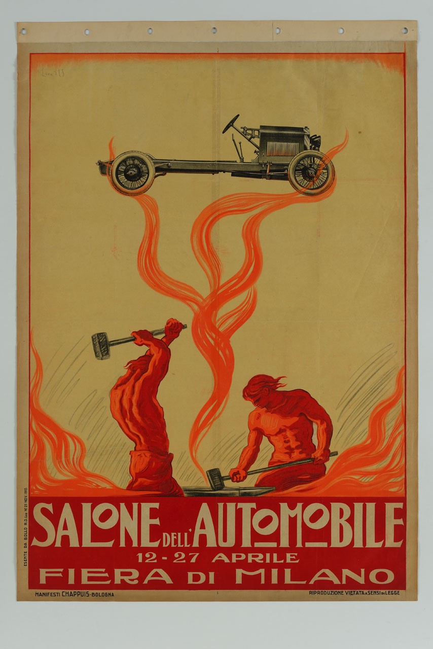 forgiatori fanno uscire dalle fiamme un'automobile (manifesto) di D'Es Laon - ambito italiano (sec. XX)