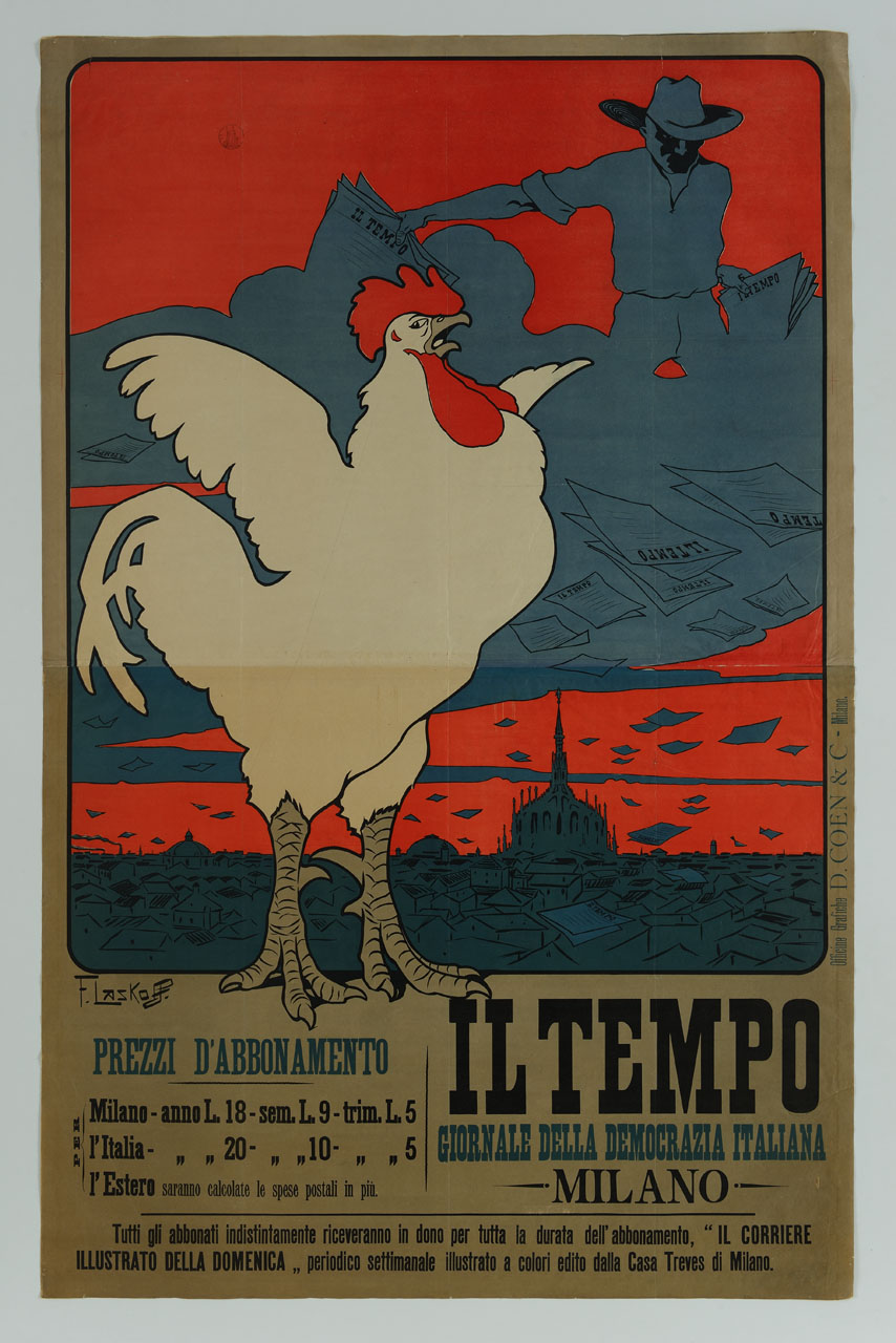 mentre il gallo canta e sorge l'alba su Milano un uomo con cappello lancia giornali (manifesto) di Laskowski François detto Laskoff Franz (sec. XX)