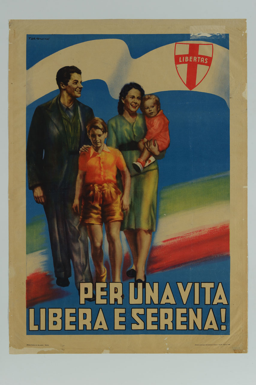 famiglia composta da un padre, una madre e due figli in cammino (manifesto) di Tarquini Glauco (sec. XX)