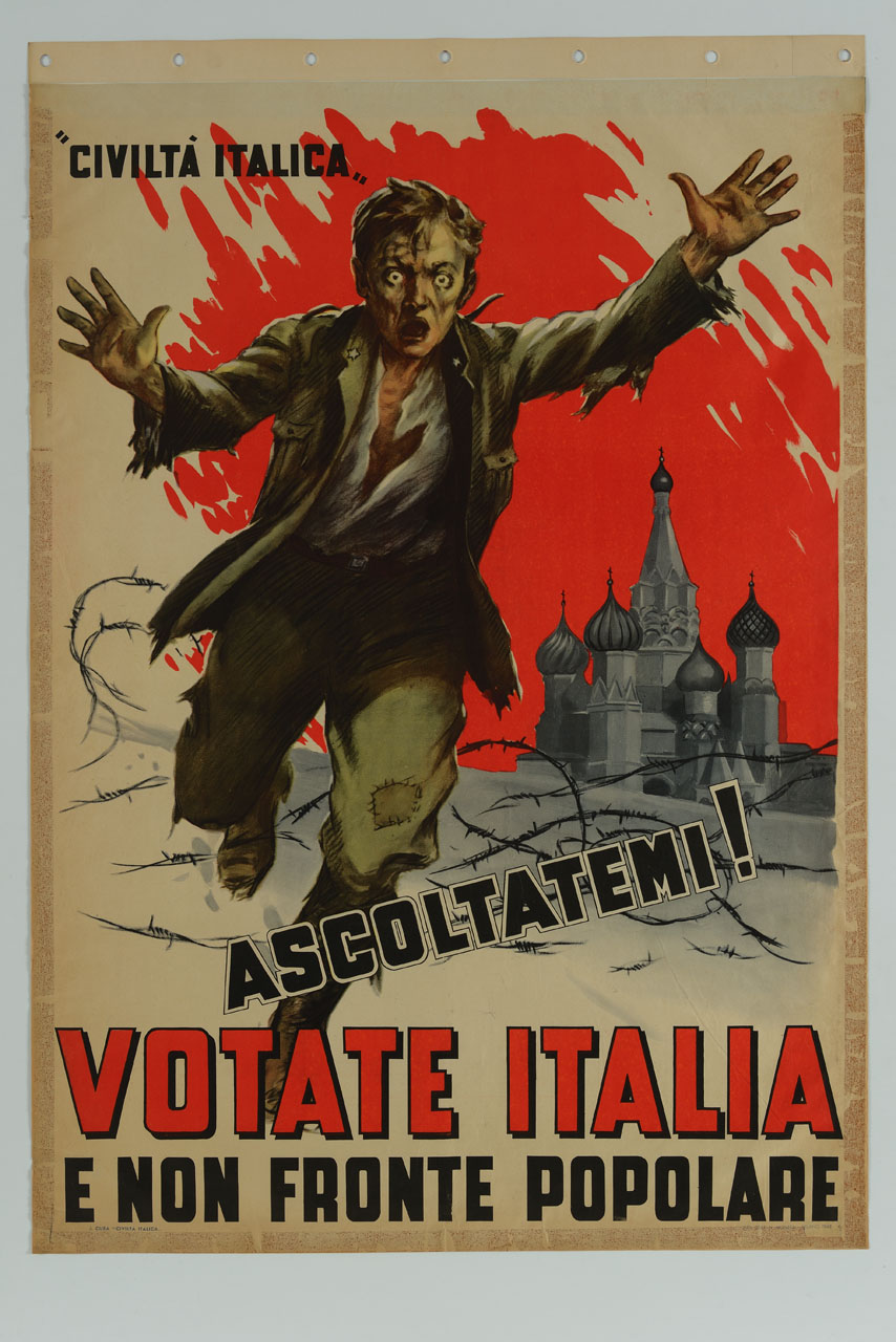 soldato sovietico spezza il filo spinato e scappa dalla cattedrale di San Basilio (manifesto) - ambito italiano (sec. XX)