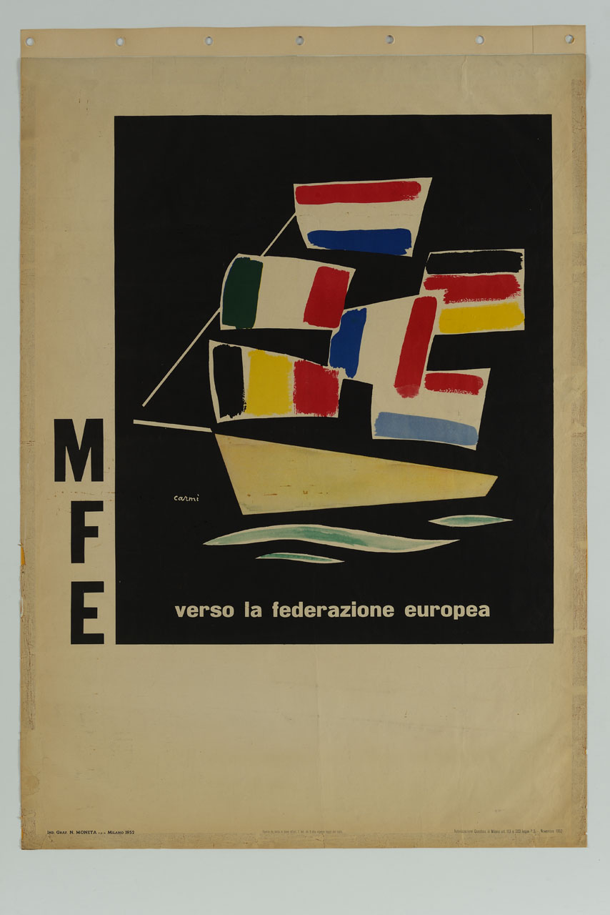 veliero con bandiere al posto delle vele (manifesto) di Carmi Eugenio (sec. XX)