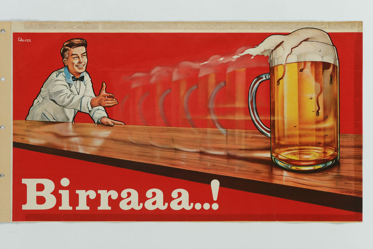 barista fa scorrere un boccale di birra sul bancone (manifesto) di Arvati Enrico (sec. XX)