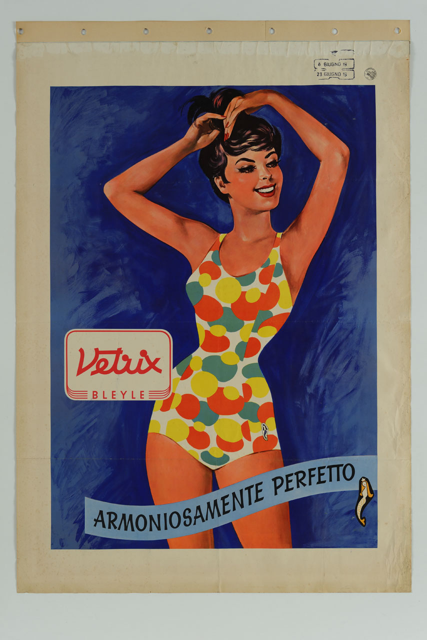 figura femminile in costume da bagno intero si tira su i capelli (manifesto) - ambito italiano (sec. XX)