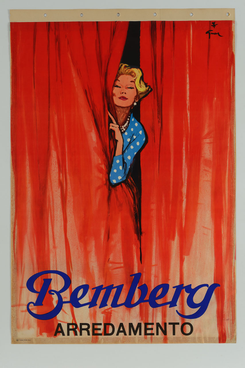 figura femminile sbuca tra i due teli di una tenda rossa (manifesto) di Gruau René (sec. XX)