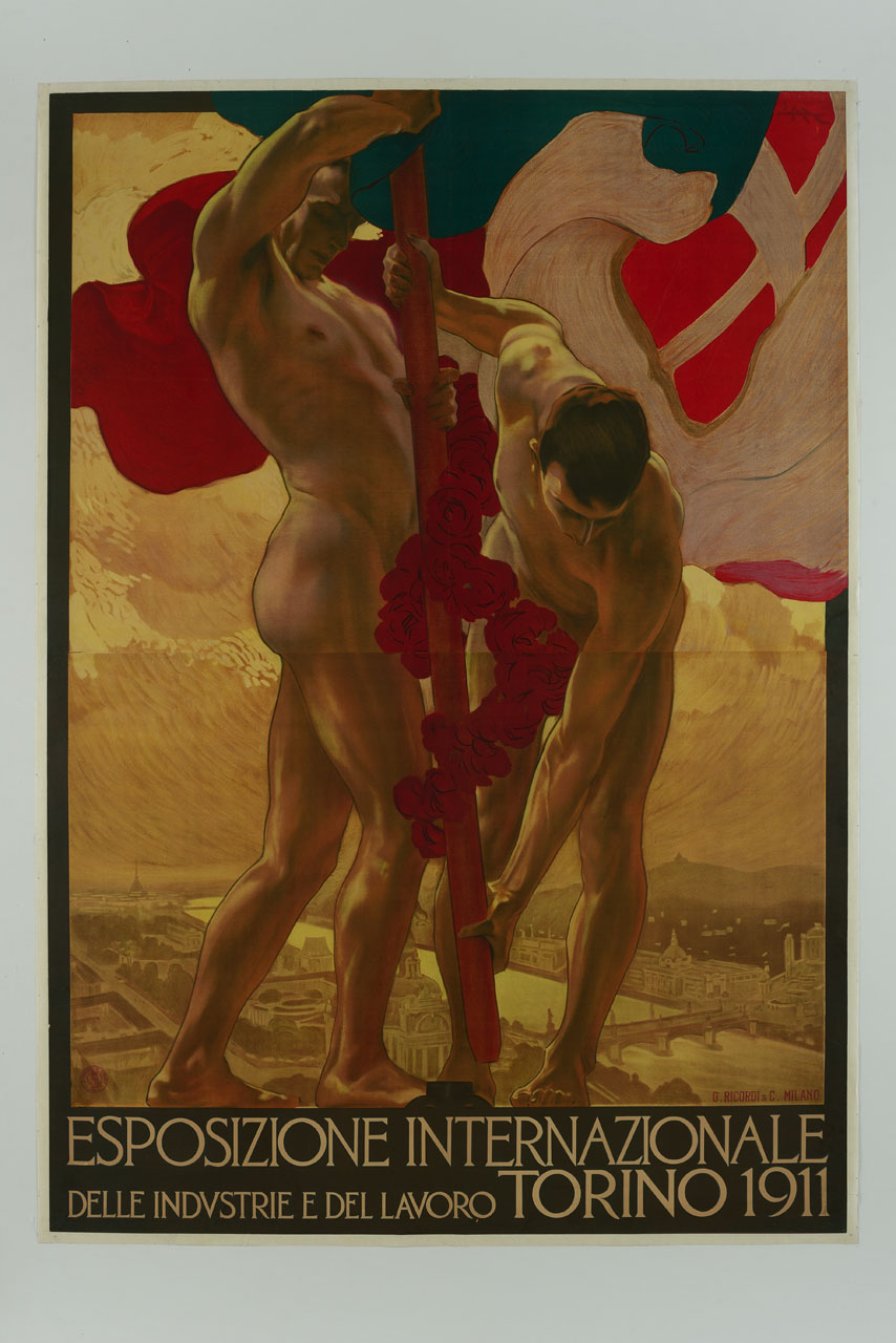 uomini nudi issano bandiera del Regno d'Italia; sullo sfondo veduta di Torino dall'alto (manifesto) di Metlicovitz Leopoldo (sec. XX)