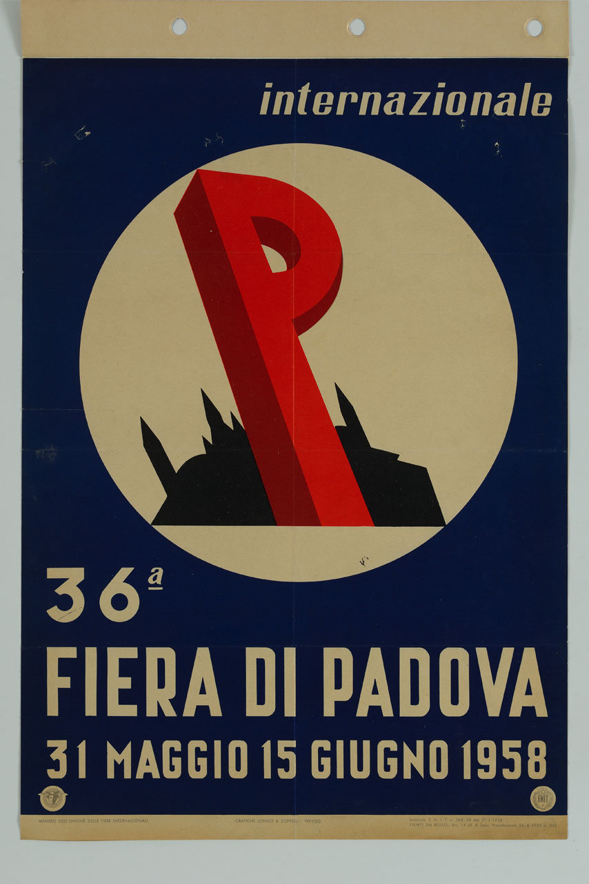 lettera P maiuscola entro un cerchio con sullo sfondo la Basilica di Sant’Antonio (manifesto) - ambito italiano (sec. XX)