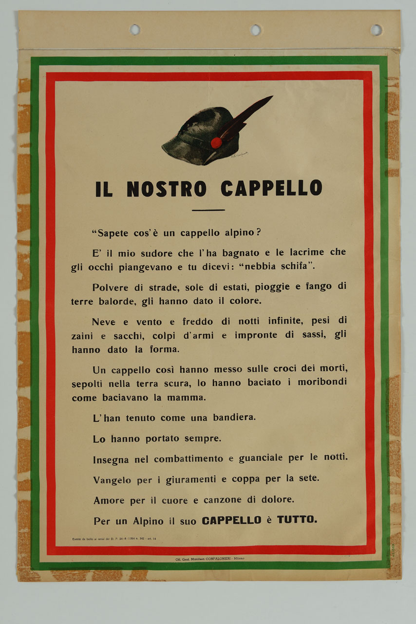 cappello degli alpini e lunga spiegazione del fatto che per un alpino il cappello è tutto (manifesto) di Folco Cianfanelli (sec. XX)