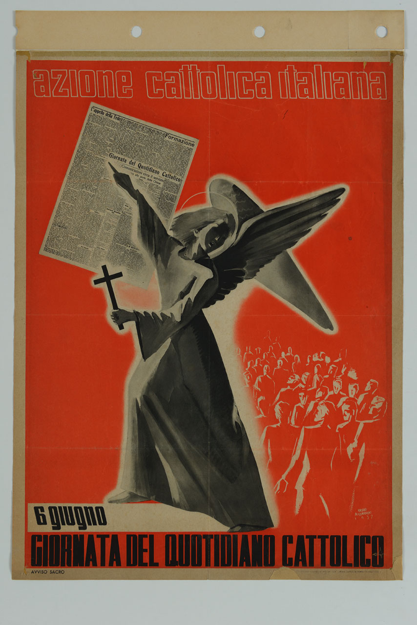 angelo con crocifisso predica indicando la pagina di un quotidiano (manifesto) di Alessandrini Adriano - ambito italiano (sec. XX)