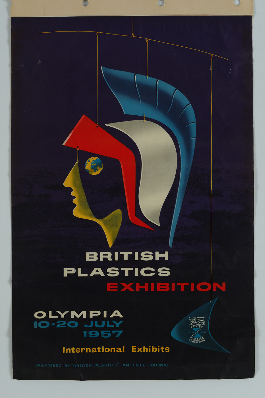 profilo di donna con elmo composto di parti in plastica fissate a una struttura di fili semovente (manifesto) di Hawkins G. C - ambito inglese (sec. XX)