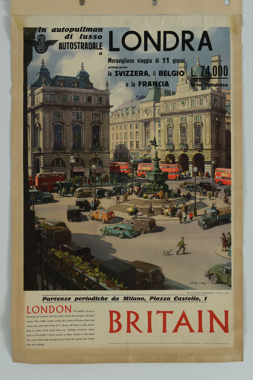 veduta con traffico brulicante in Piccadilly Circus a Londra (manifesto) di Squirrel Leonard Russell - ambito inglese (sec. XX)