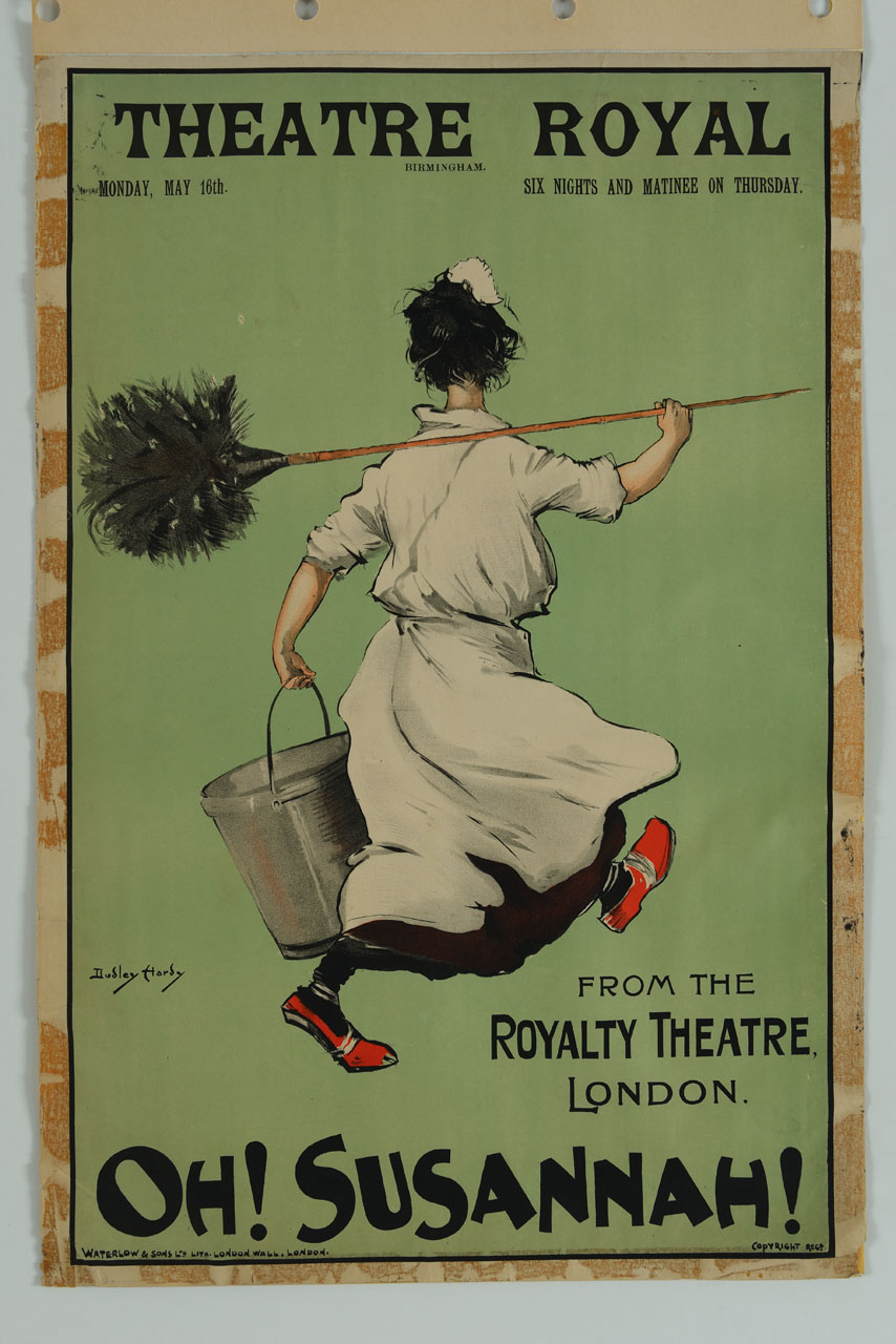 donna delle pulizie che si allontana con un secchio e un piumino (manifesto) di Hardy Dudley - ambito italiano (sec. XX)