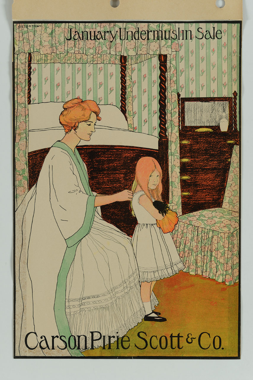 signora in vestaglia sistema i capelli a una bambina in sottoveste (manifesto) di Ostertag Blanche - ambito americano (sec. XX)