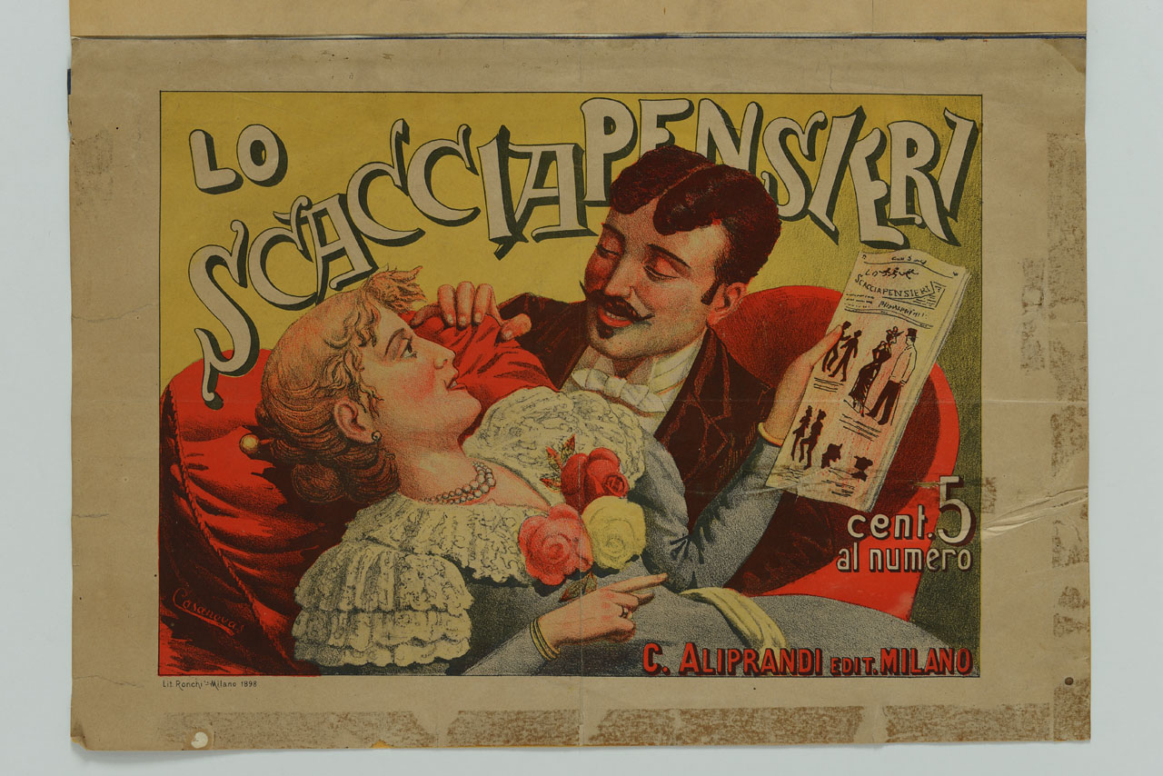 donna sdraiata sul divano tiene una rivista mentre viene avvicinata da un uomo (manifesto) di Casanova Carlo (sec. XIX)