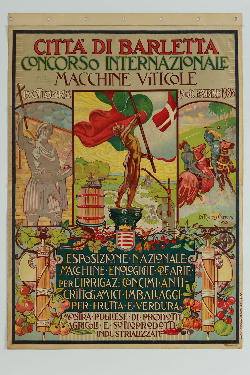 fasci littori che sostengono trionfi di frutta e verdura; statua virile antica e statua virile che agita bandiera dell'Italia sabauda, duello in armatura di due cavalieri (manifesto) di Di Rienzo Carmine - ambito italiano (sec. XX)